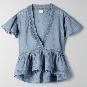 Aritzia Blue Embroidered Blouse